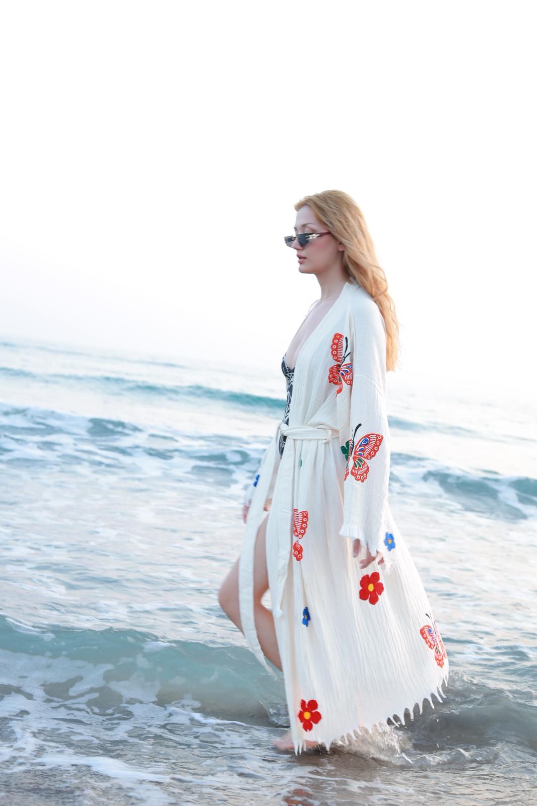 Butterfly Garden Hand-Print Muslin Kimono