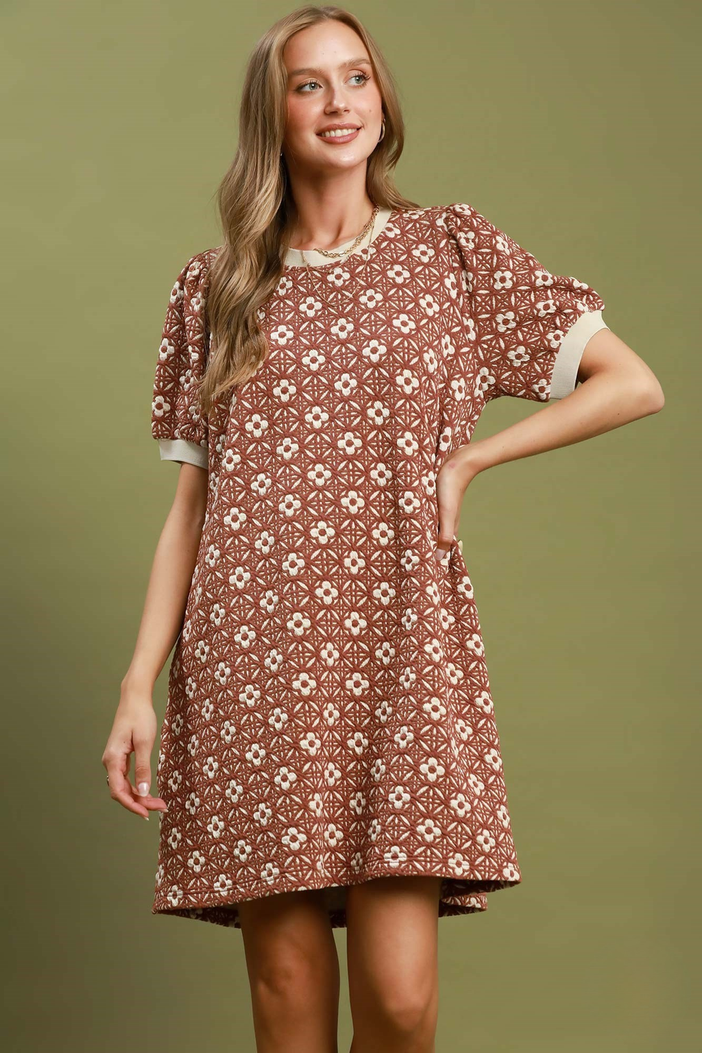 Rust Floral Textured Shift Mini Dress with Puff Sleeves