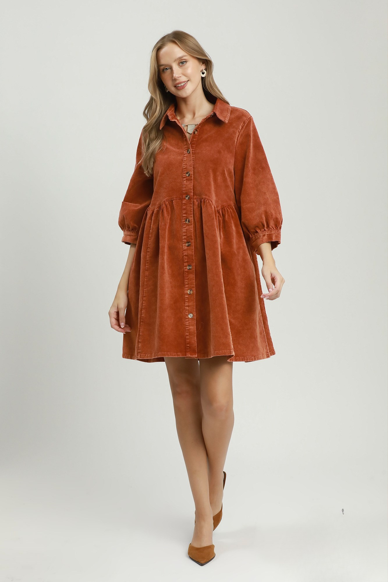 Terracotta Mineral Wash Button-Down Babydoll Shirt Dress