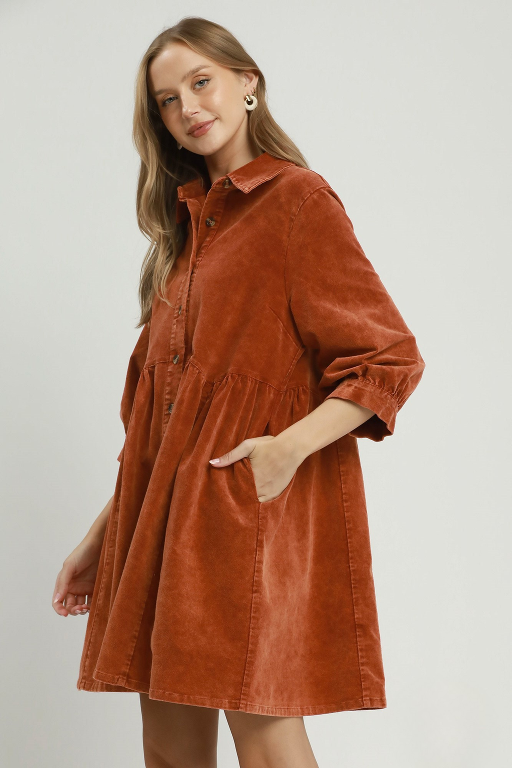 Terracotta Mineral Wash Button-Down Babydoll Shirt Dress