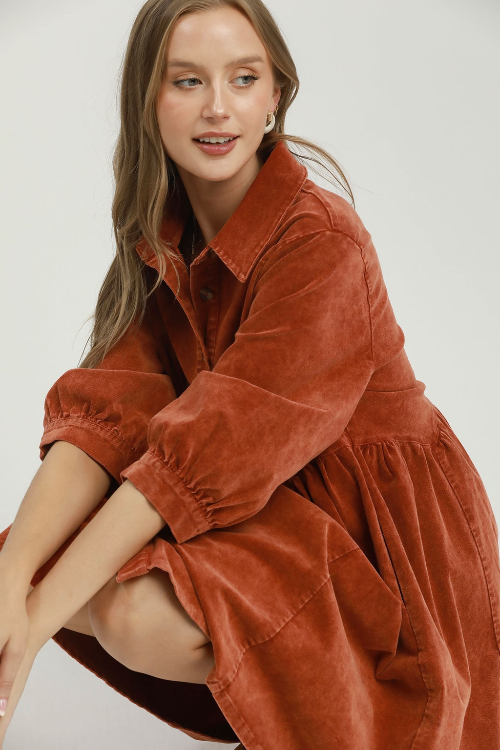 Terracotta Mineral Wash Button-Down Babydoll Shirt Dress