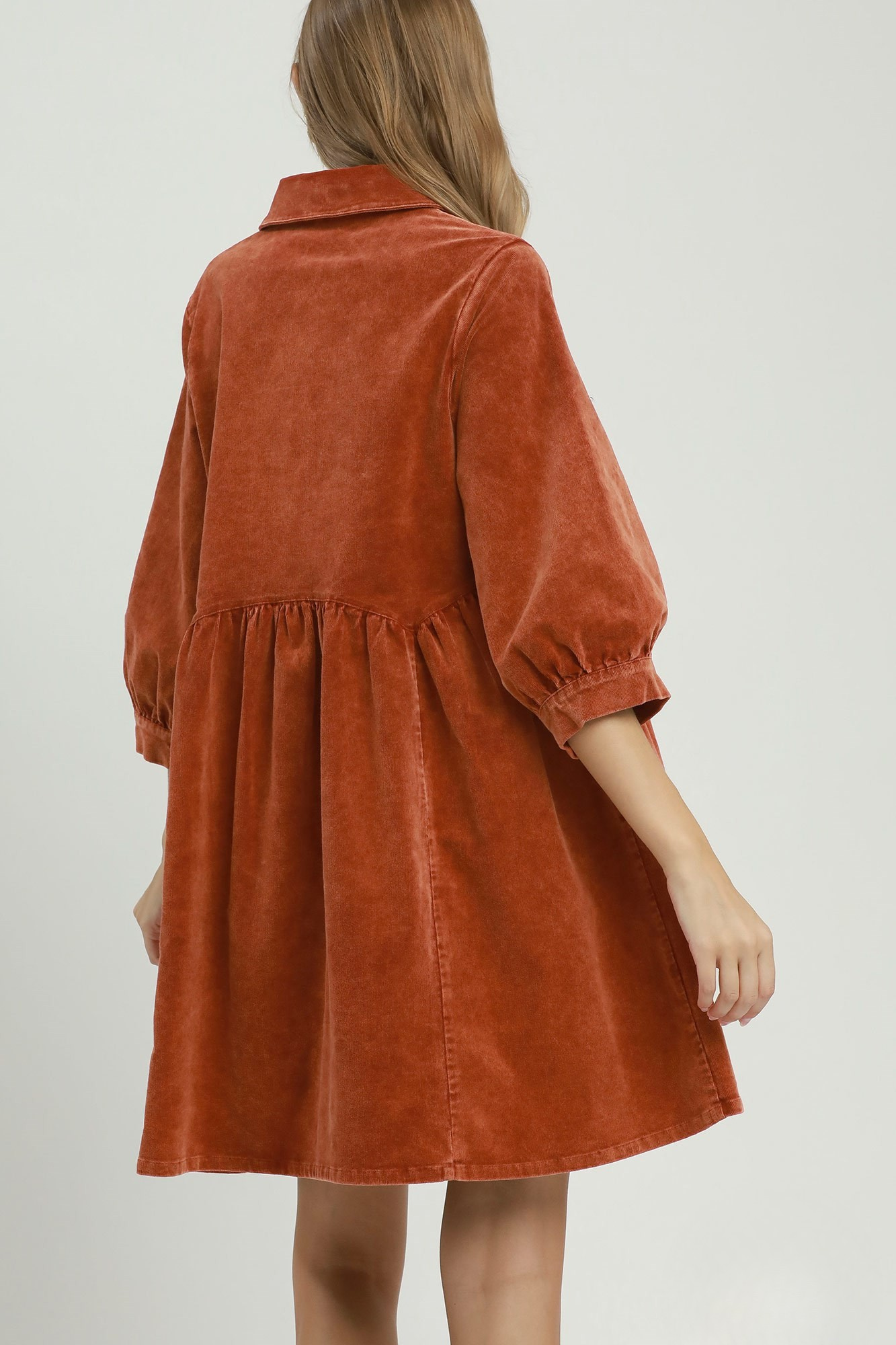 Terracotta Mineral Wash Button-Down Babydoll Shirt Dress