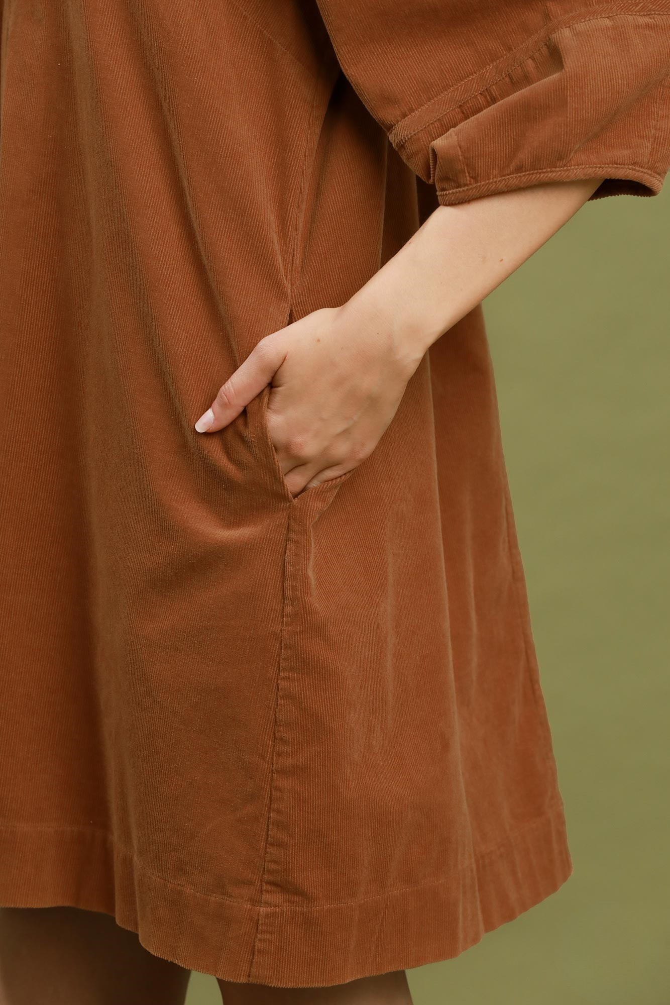 Camel Corduroy V-Neck Balloon Sleeve Tunic Dress
