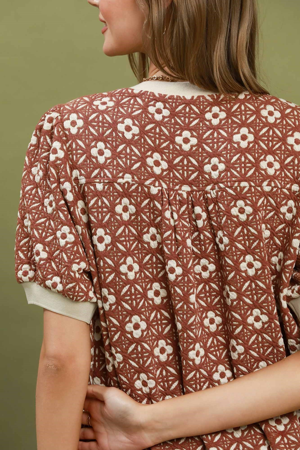 Rust Floral Textured Shift Mini Dress with Puff Sleeves