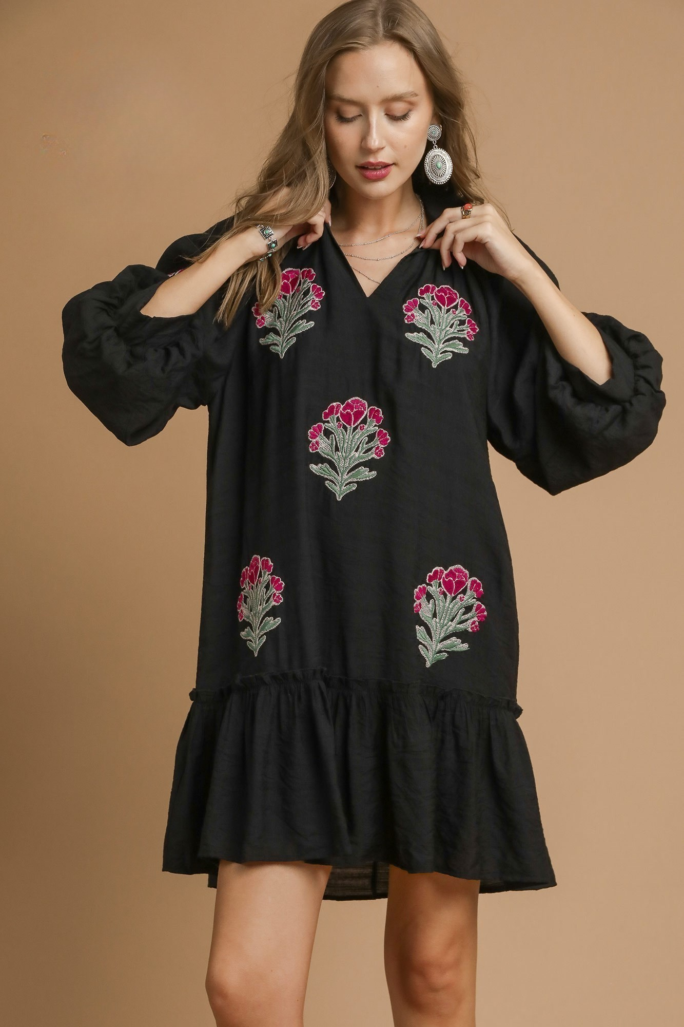 Black Floral Embroidered V-Neck Drop Shoulder Mini Dress