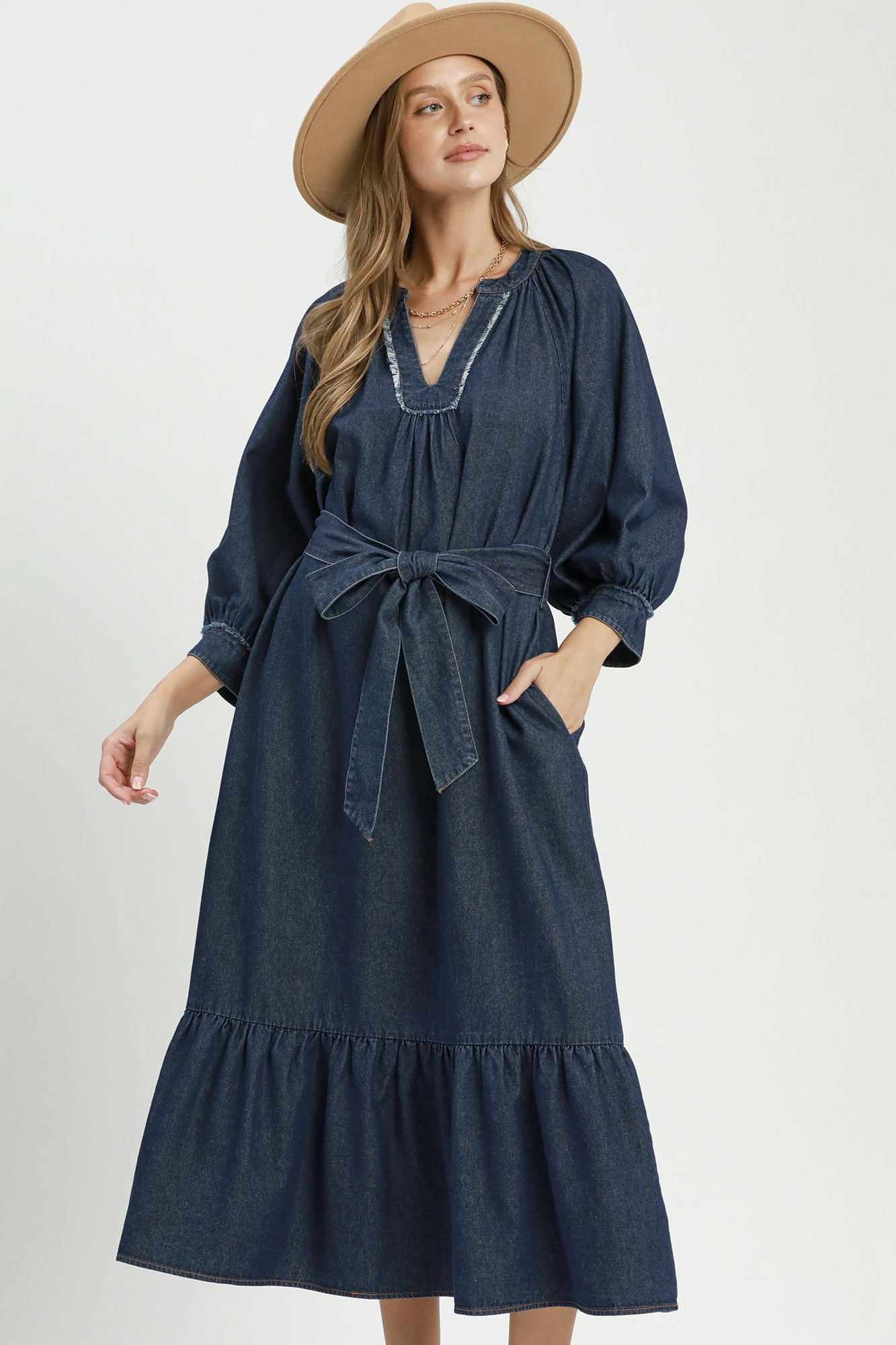 Denim Blue Chambray Tiered Midi Dress with Waist Tie