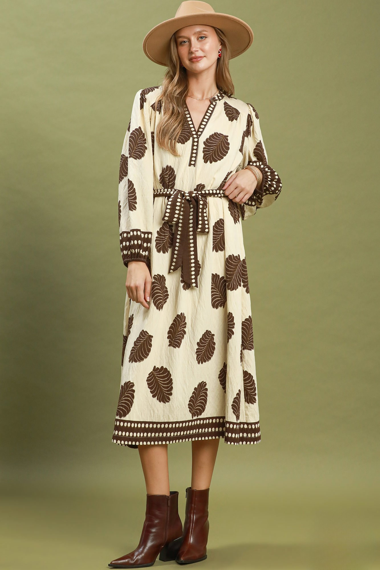 Cream & Brown Leaf Print Belted Midi Dress with Contrast Trim