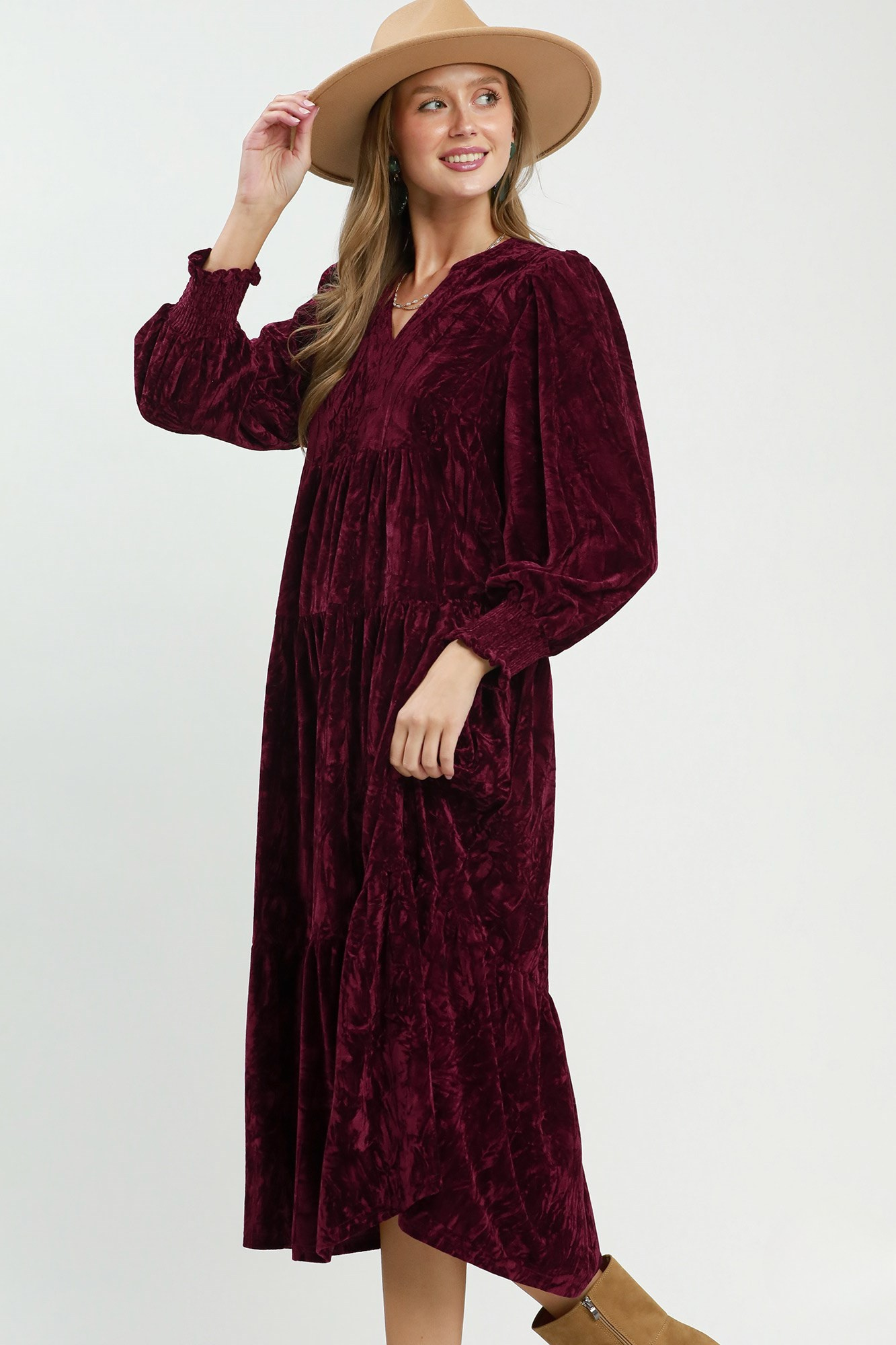Burgundy Crushed Velvet Tiered V-Neck Midi Dress