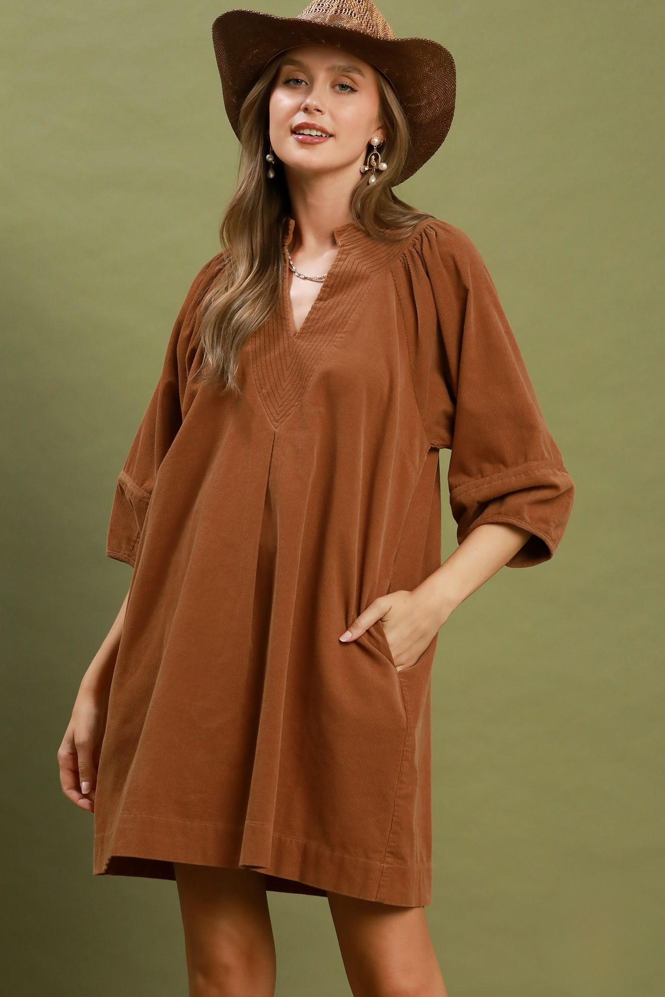 Camel Corduroy V-Neck Balloon Sleeve Tunic Dress