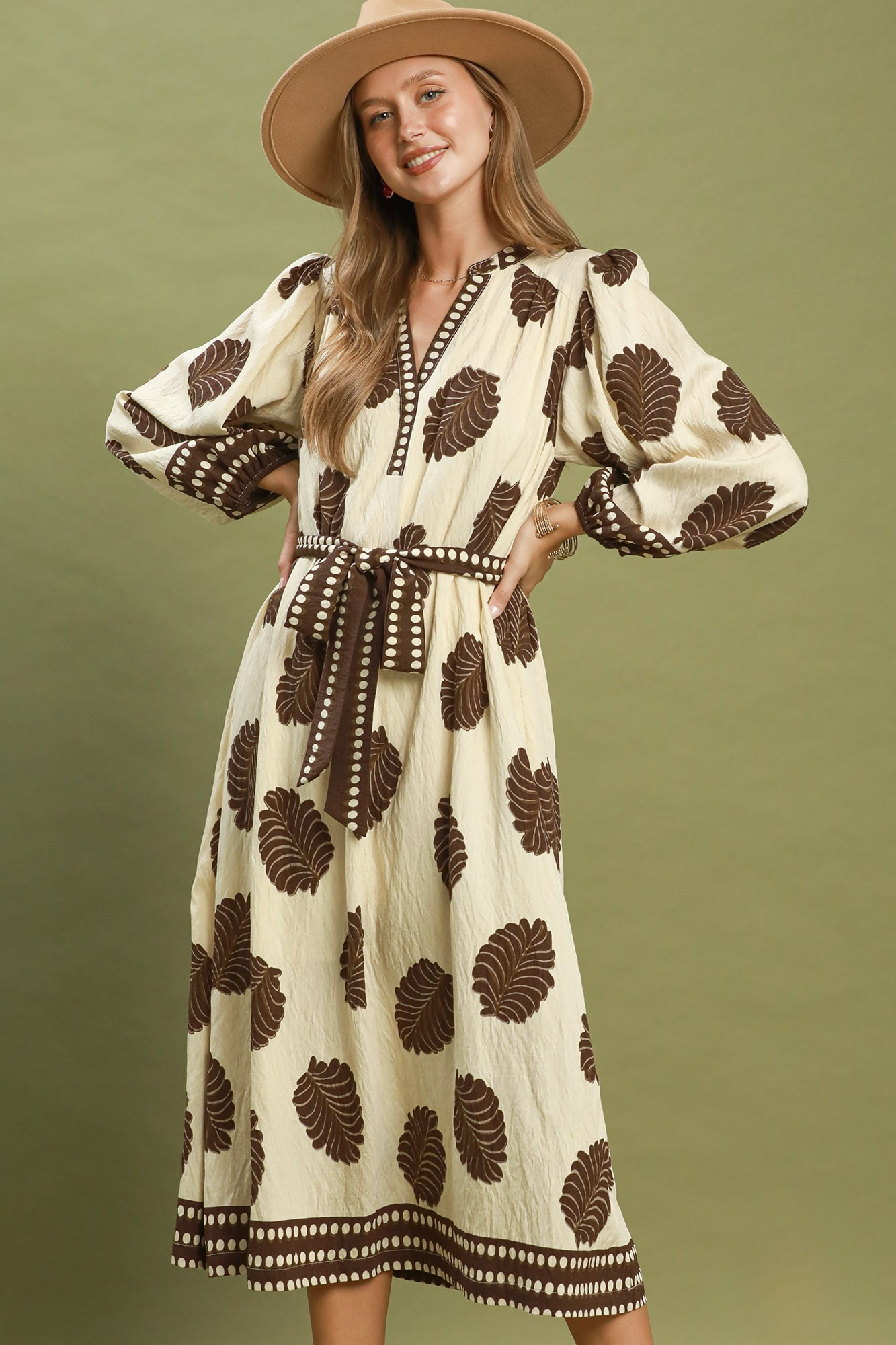 Cream & Brown Leaf Print Belted Midi Dress with Contrast Trim