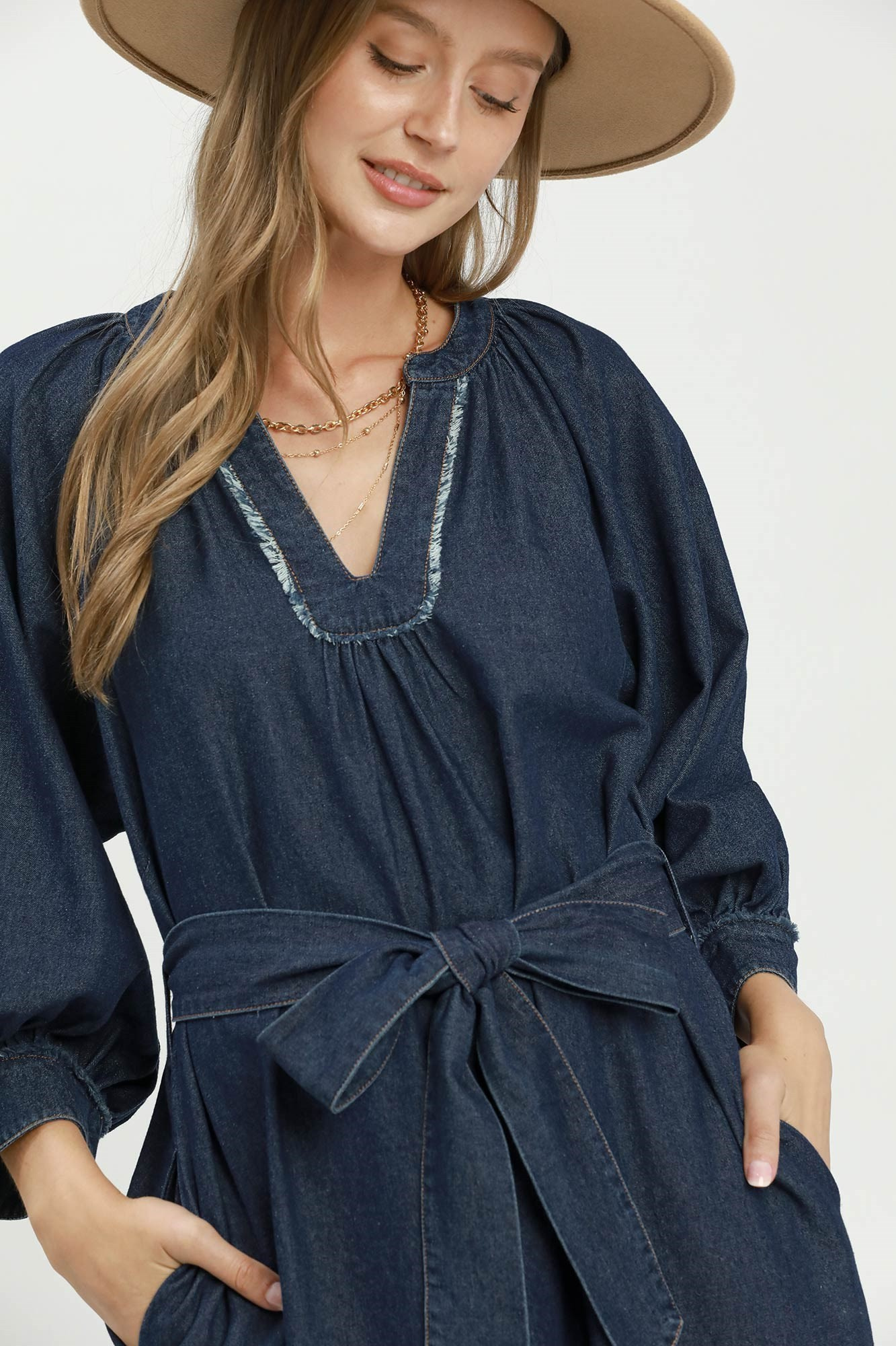 Denim Blue Chambray Tiered Midi Dress with Waist Tie