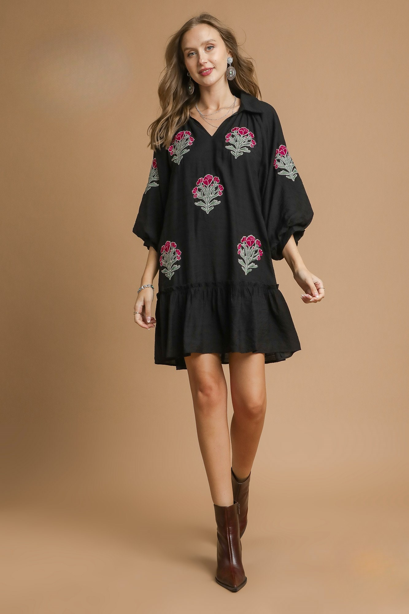 Black Floral Embroidered V-Neck Drop Shoulder Mini Dress