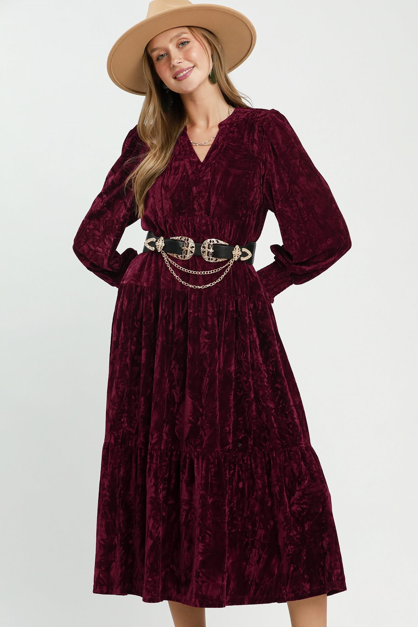 Burgundy Crushed Velvet Tiered V-Neck Midi Dress