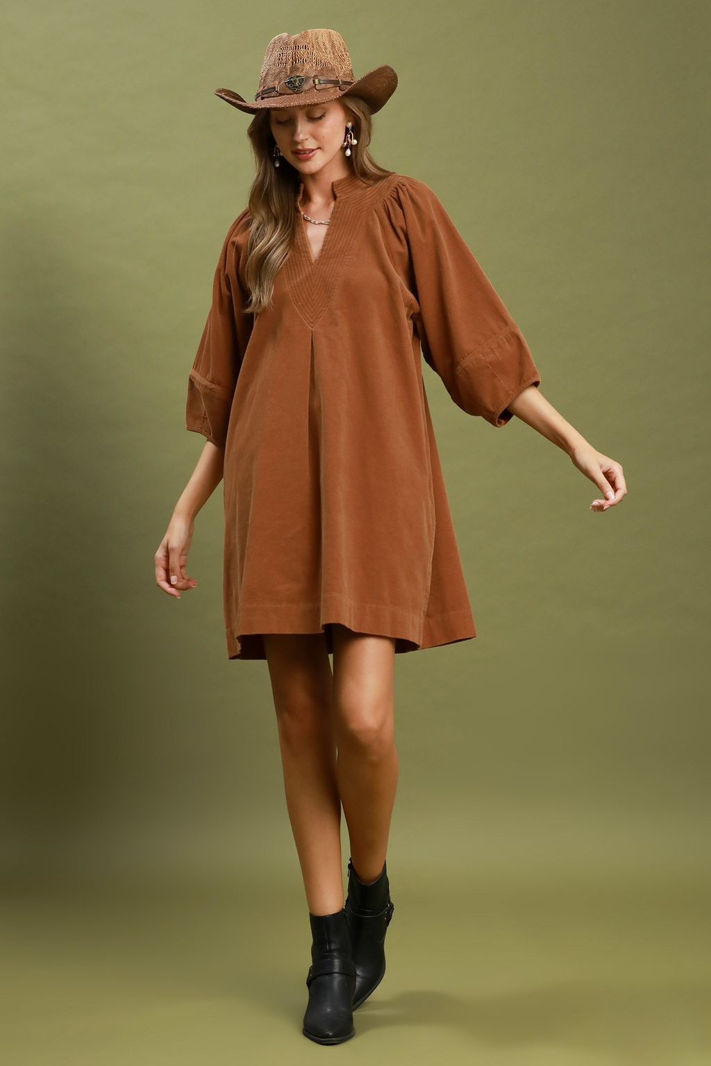 Camel Corduroy V-Neck Balloon Sleeve Tunic Dress