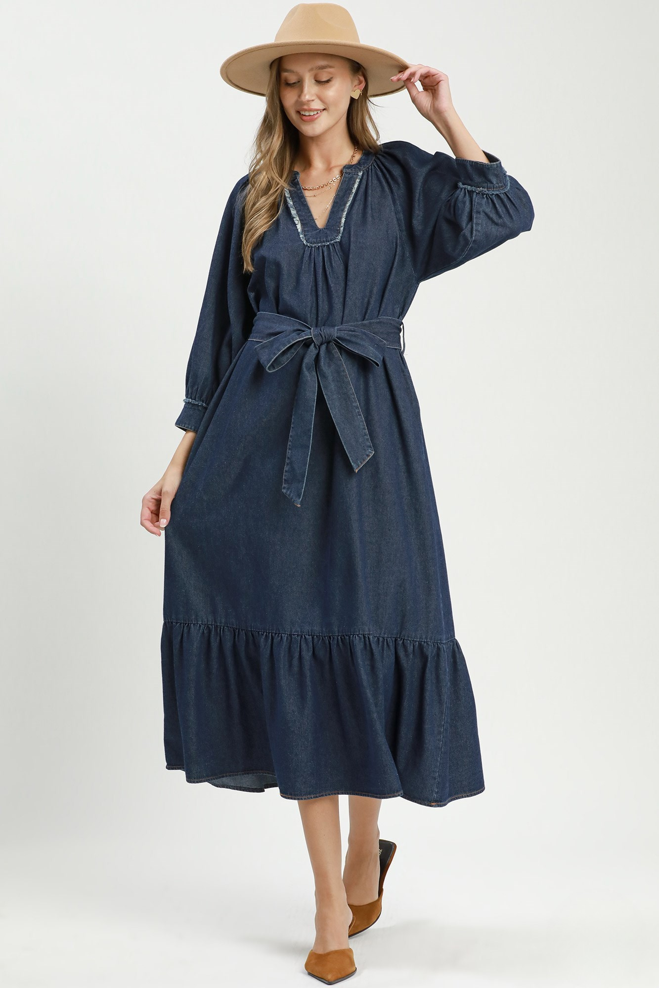 Denim Blue Chambray Tiered Midi Dress with Waist Tie