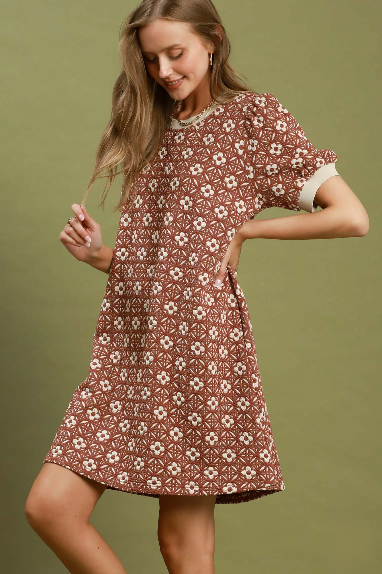 Rust Floral Textured Shift Mini Dress with Puff Sleeves