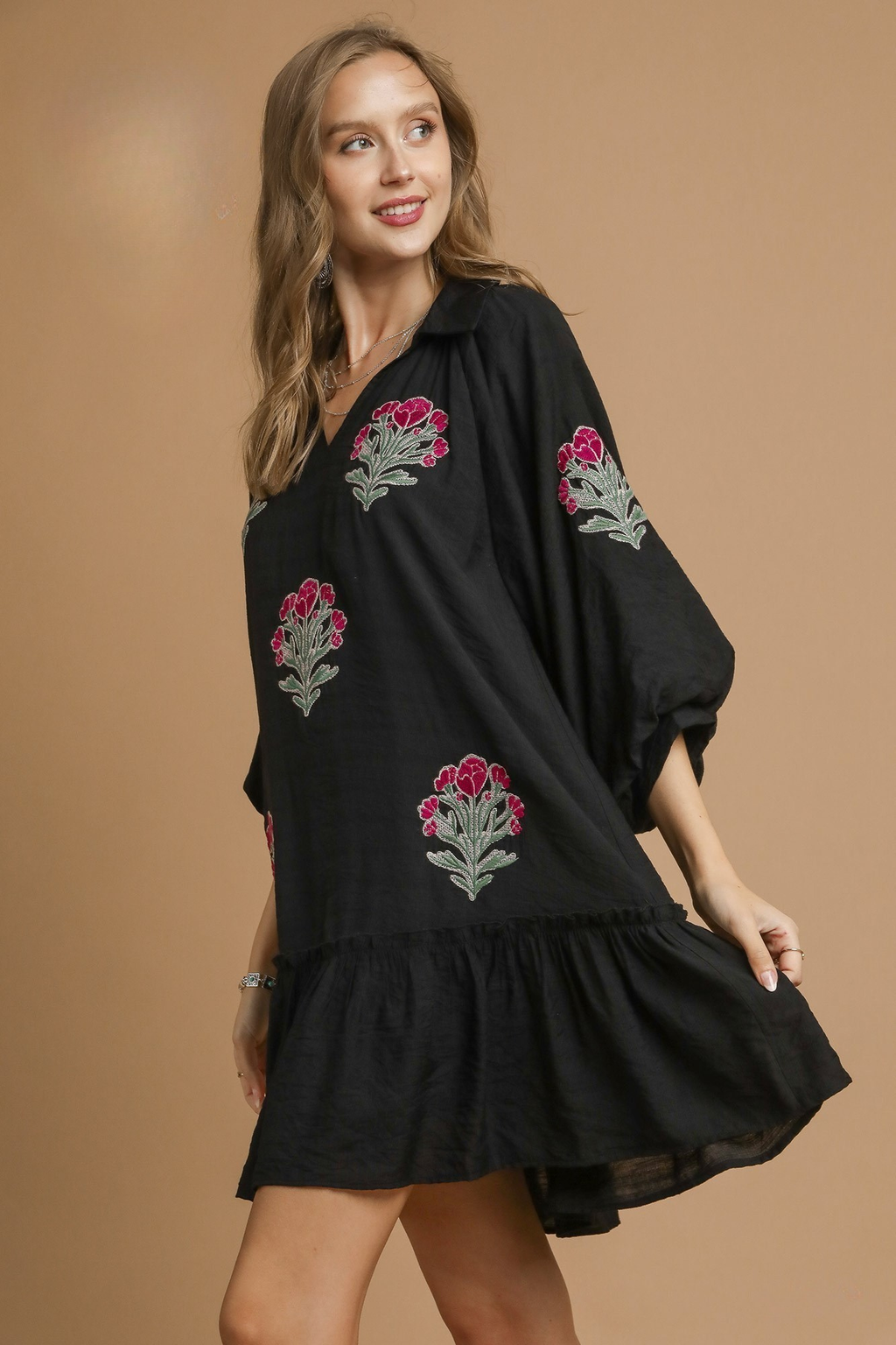 Black Floral Embroidered V-Neck Drop Shoulder Mini Dress