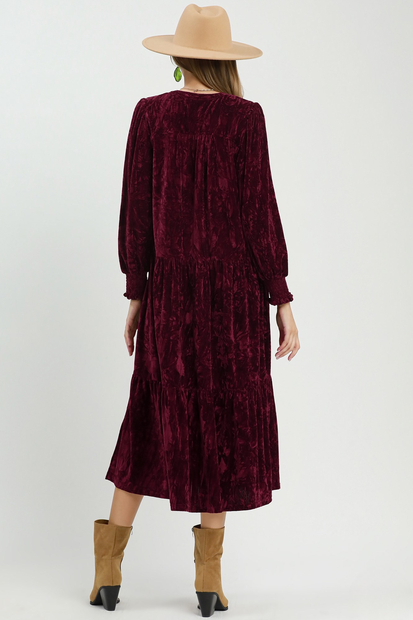 Burgundy Crushed Velvet Tiered V-Neck Midi Dress