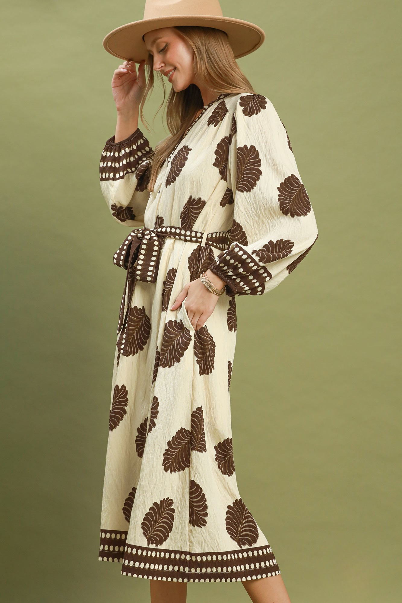 Cream & Brown Leaf Print Belted Midi Dress with Contrast Trim