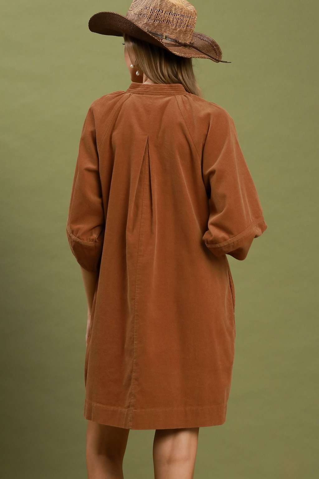 Camel Corduroy V-Neck Balloon Sleeve Tunic Dress