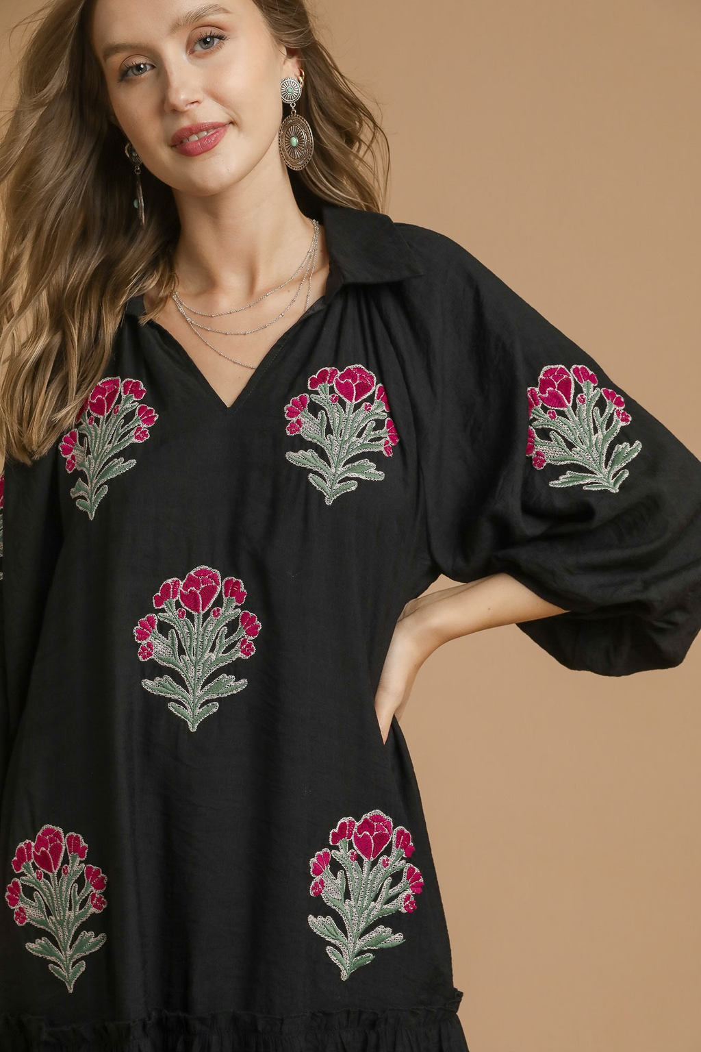 Black Floral Embroidered V-Neck Drop Shoulder Mini Dress