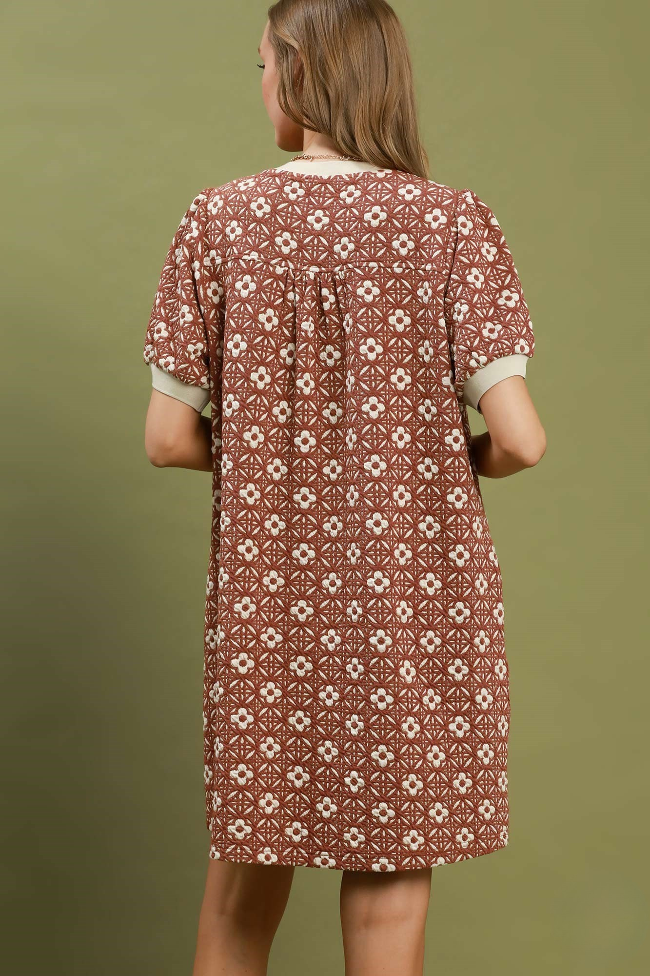 Rust Floral Textured Shift Mini Dress with Puff Sleeves
