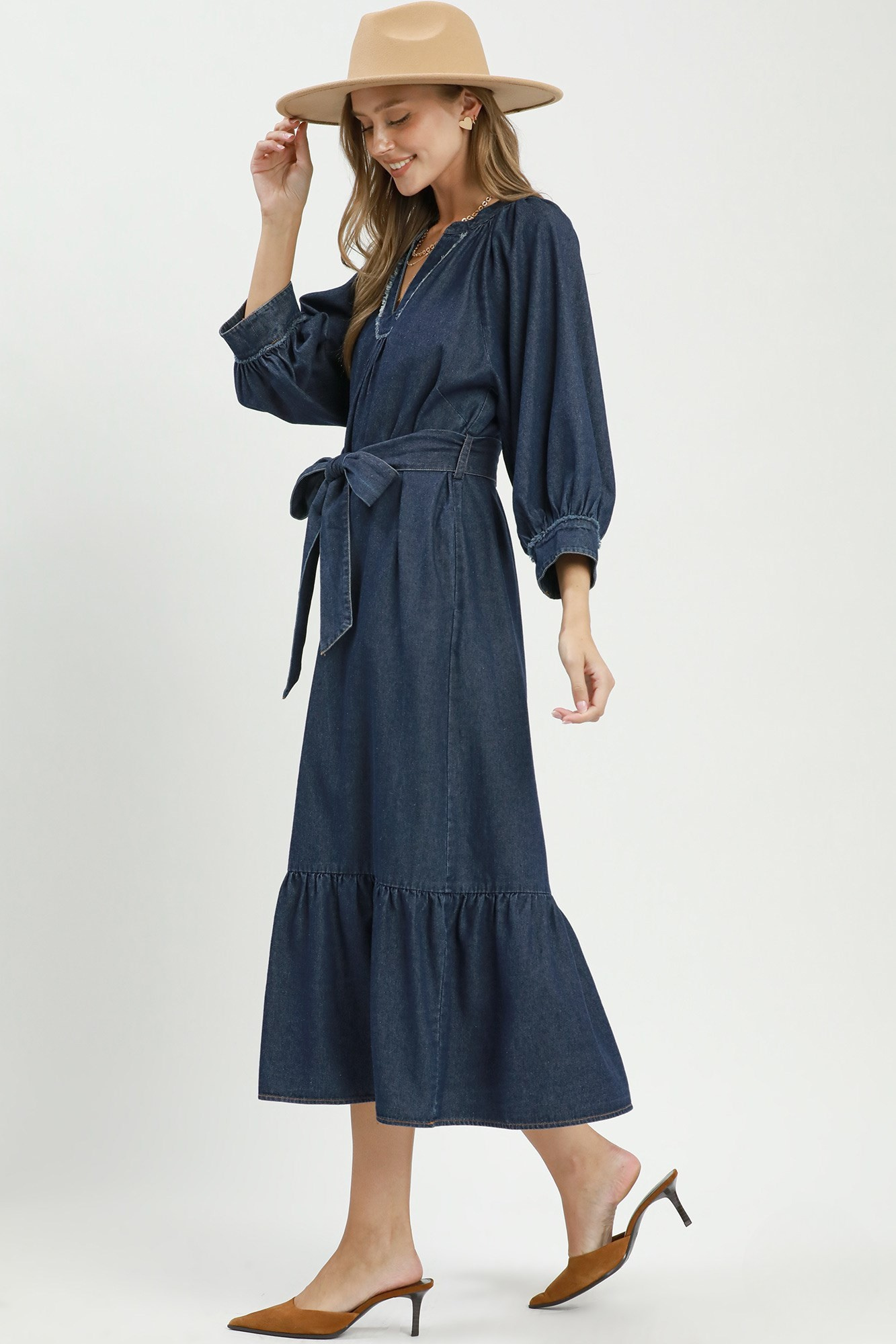 Denim Blue Chambray Tiered Midi Dress with Waist Tie