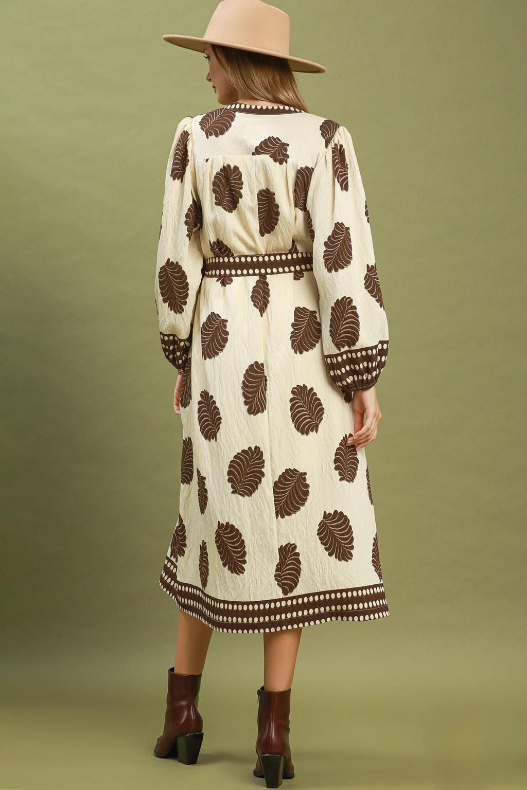 Cream & Brown Leaf Print Belted Midi Dress with Contrast Trim