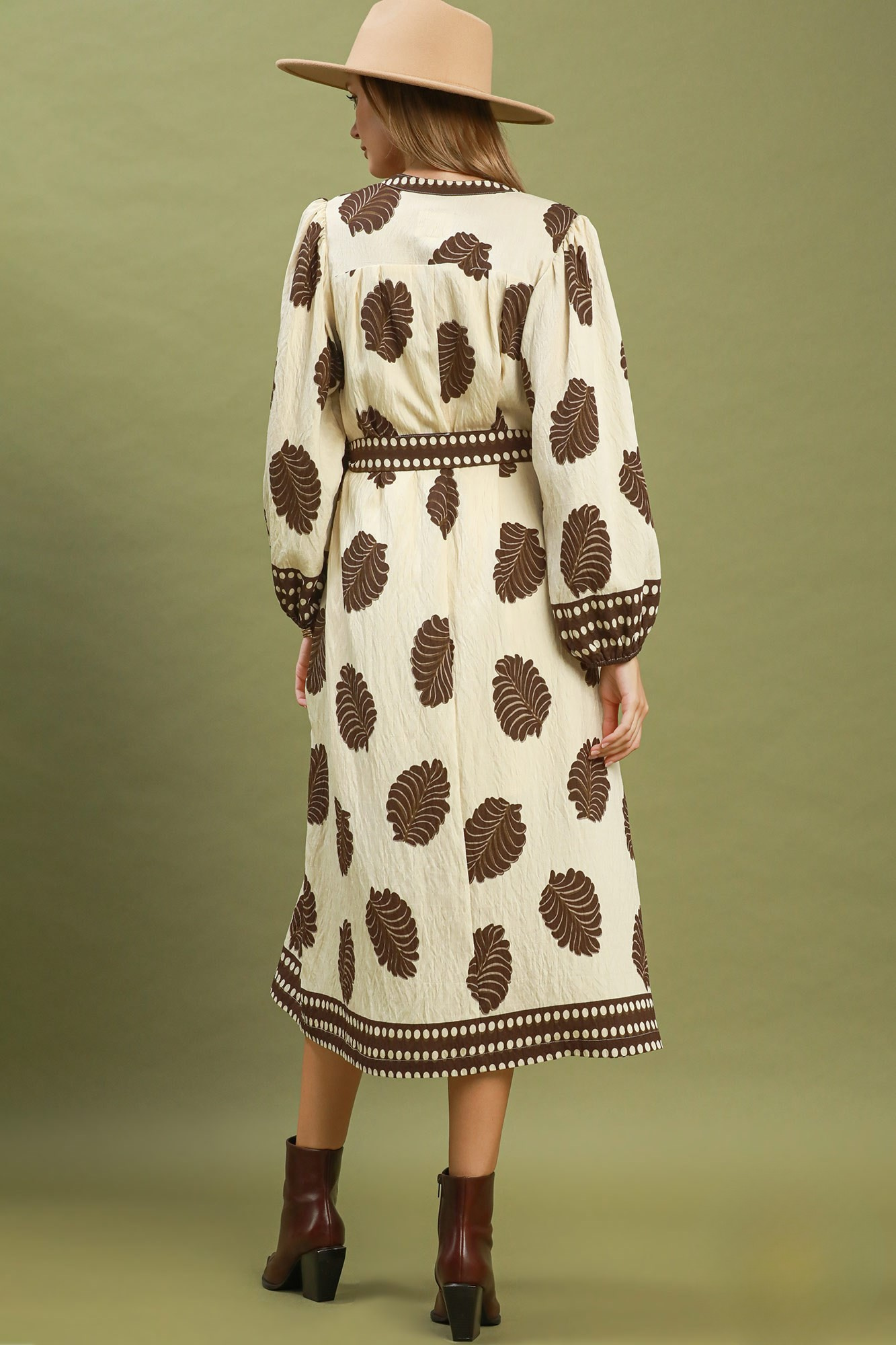 Cream & Brown Leaf Print Belted Midi Dress with Contrast Trim