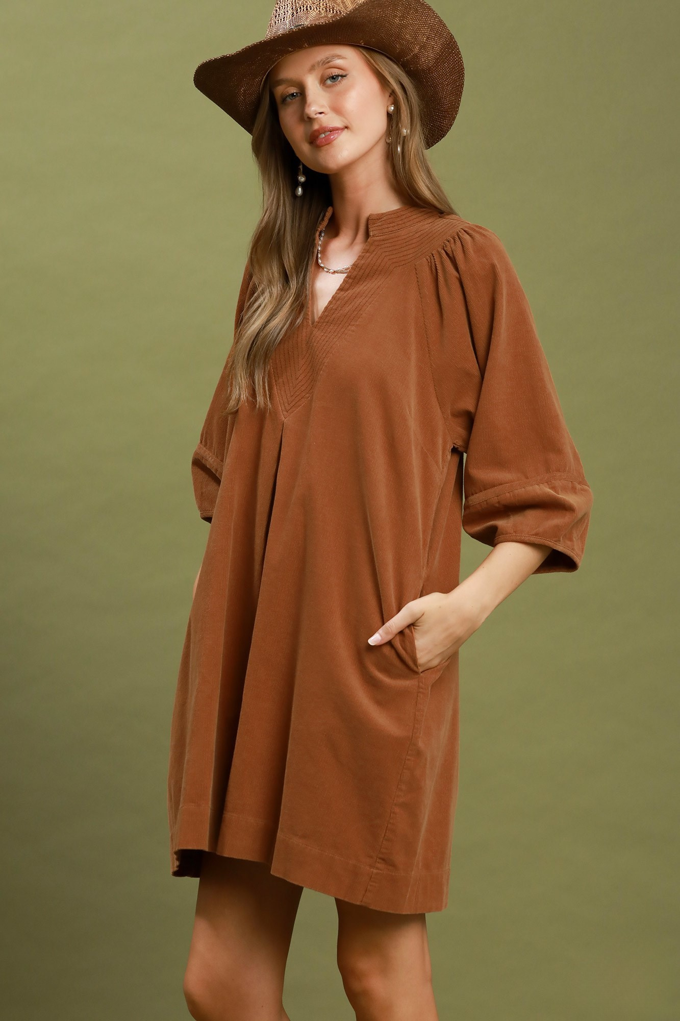 Camel Corduroy V-Neck Balloon Sleeve Tunic Dress