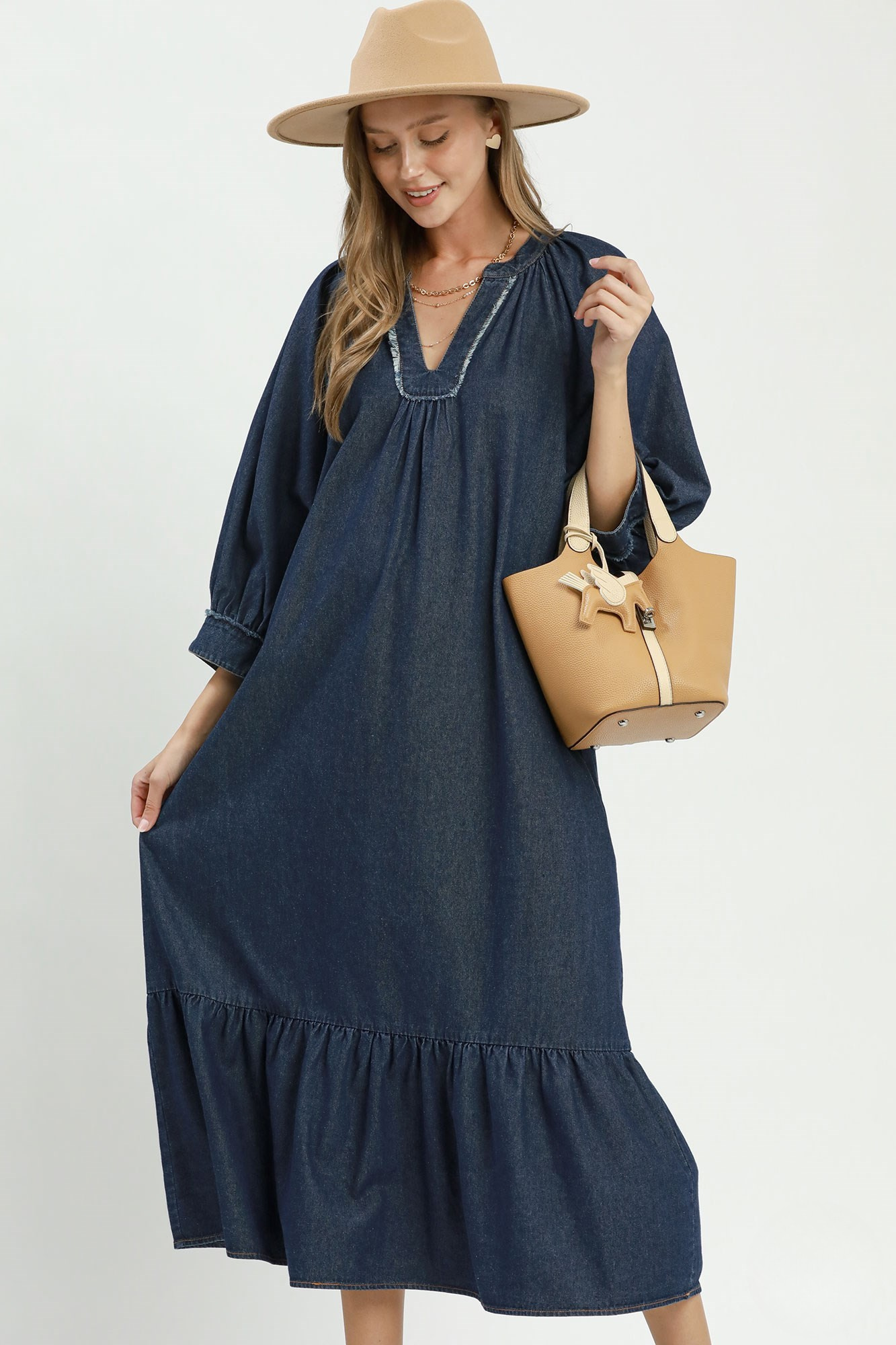 Denim Blue Chambray Tiered Midi Dress with Waist Tie