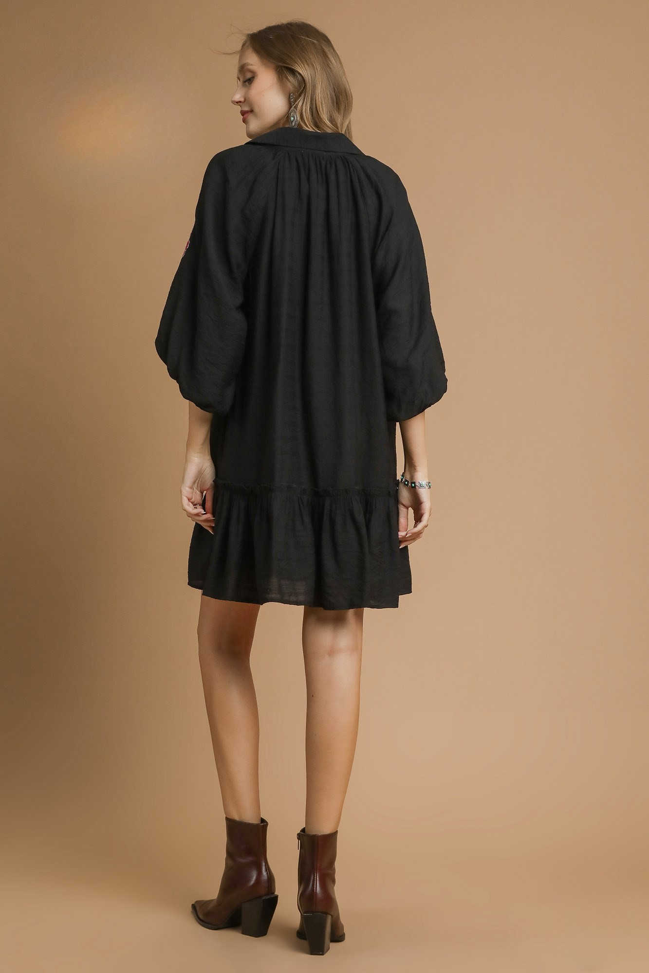 Black Floral Embroidered V-Neck Drop Shoulder Mini Dress