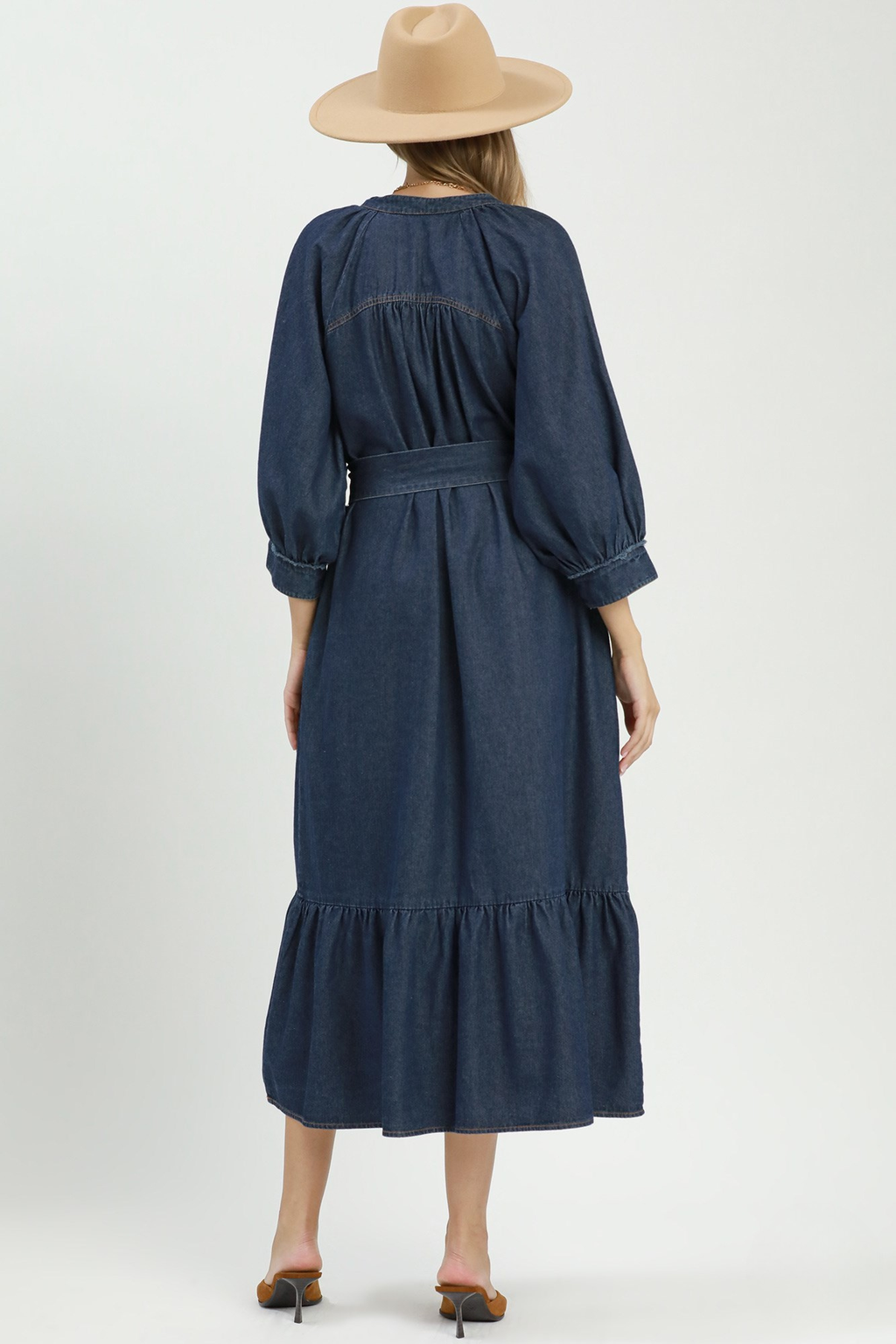 Denim Blue Chambray Tiered Midi Dress with Waist Tie