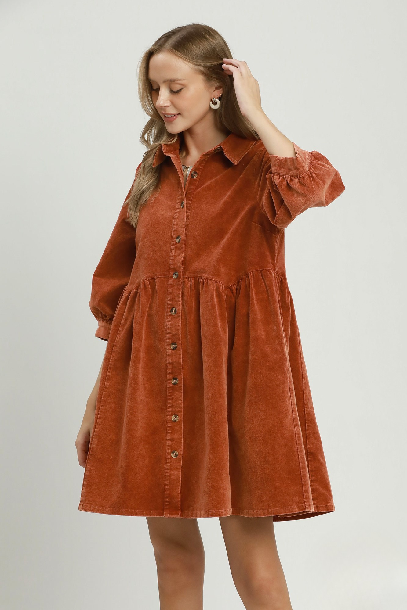 Terracotta Mineral Wash Button-Down Babydoll Shirt Dress